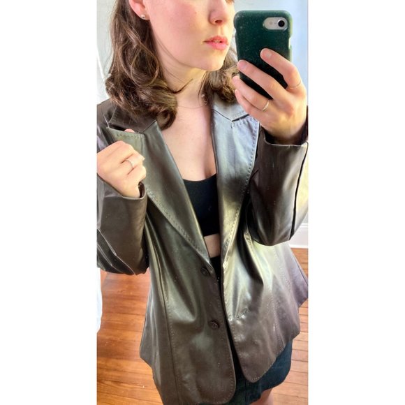 Vintage 100% Leather Y2K Chocolate Brown Blazer Jacket - Picture 7 of 9